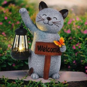 Solar Gray Cat Welcome Statue with Lantern